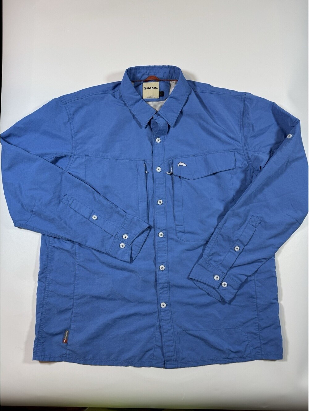 Simms Fishing Guide Shirt Mens Large Blue Long Sleeve Vented Outdoor